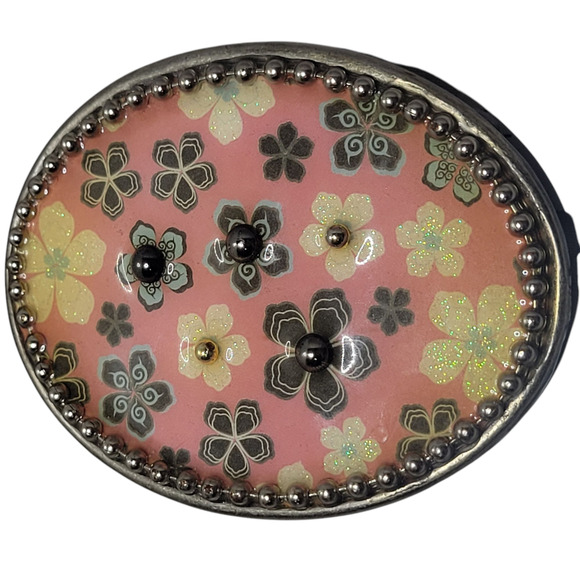 Pink Floral Enamel Belt Buckle 3.5" Oval • Beaded Edge • Silver-Tone - Picture 1 of 9